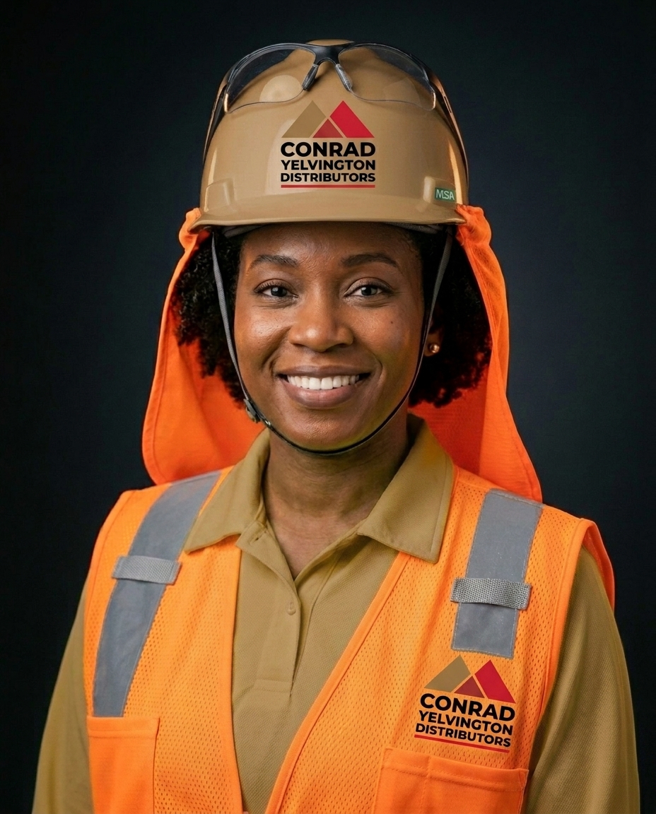 Conrad Yelvington Distributors site worker in orange hi-vis vest and brown hard hat