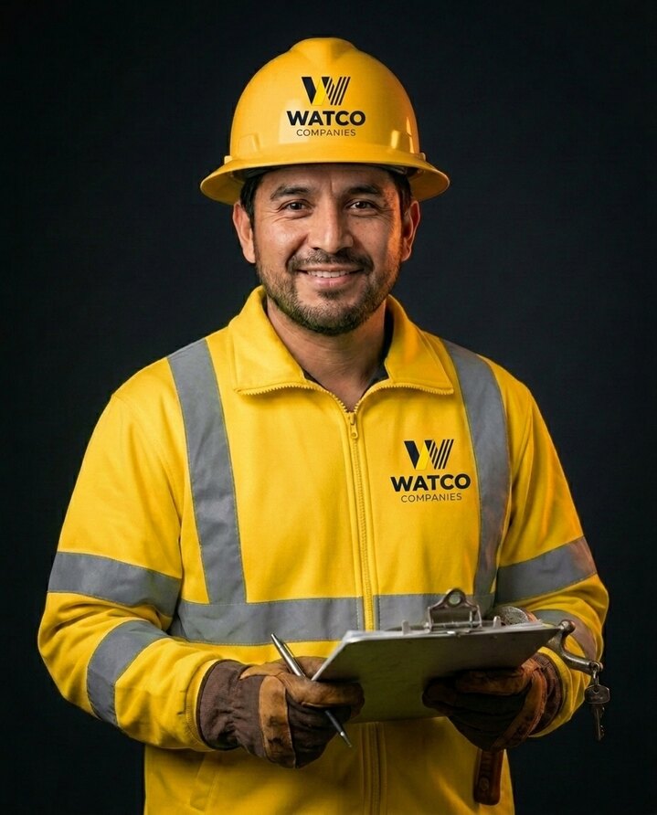 Watco Companies rail operator in yellow hi-vis jacket and hard hat with clipboard